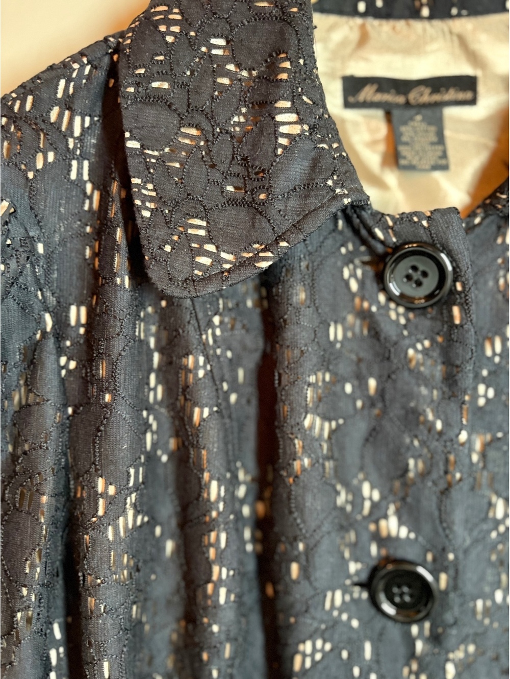 Marisa Christina Black Lace Cotton Blend Dress Coat M